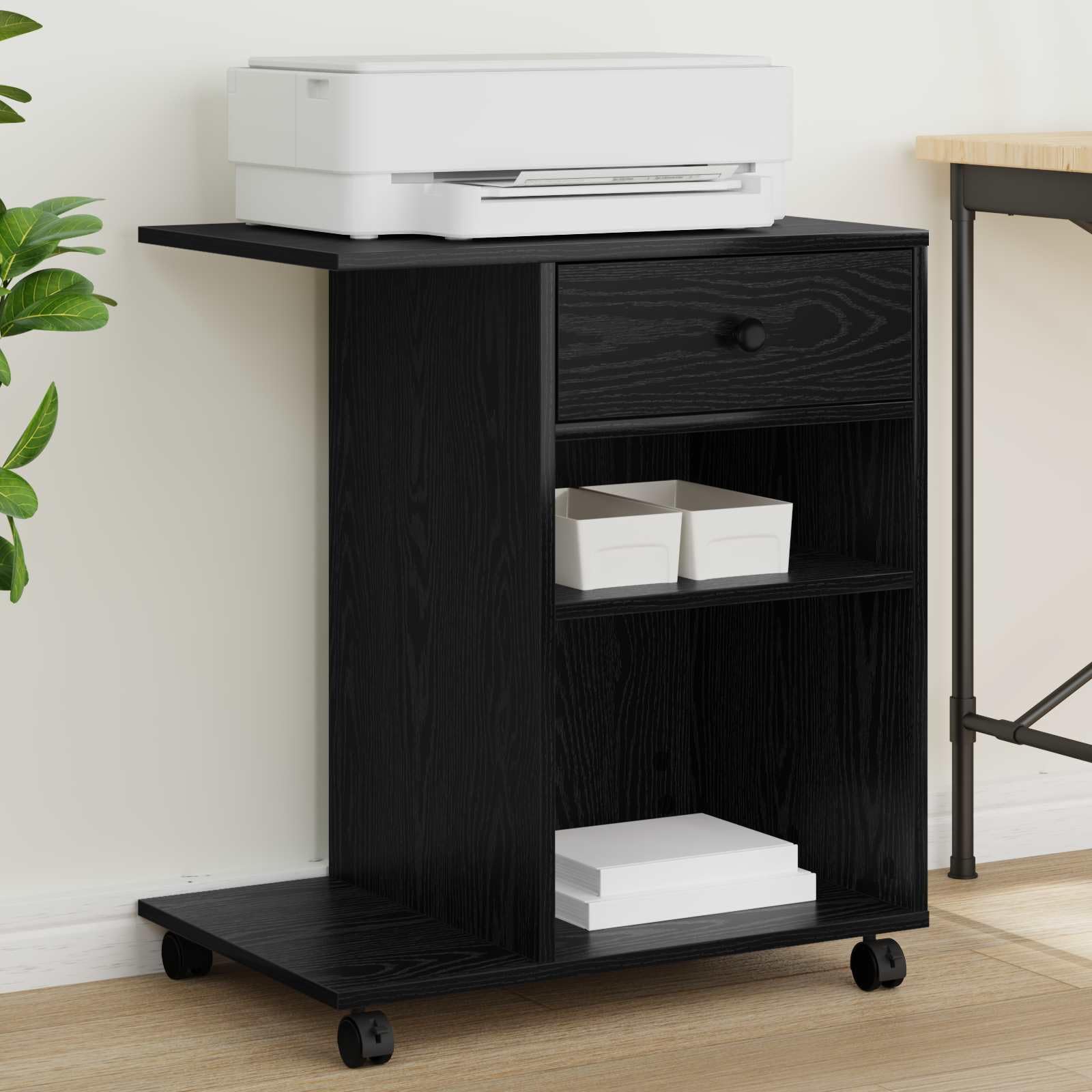 Druckerständer mit Rollen aus Holzwerkstoff in Schwarz Eichen-Optik, 60 x 40 x 68.5 cm, mit Schubladen für Stauraum, rollbares Design für Flexible Büroorganisation