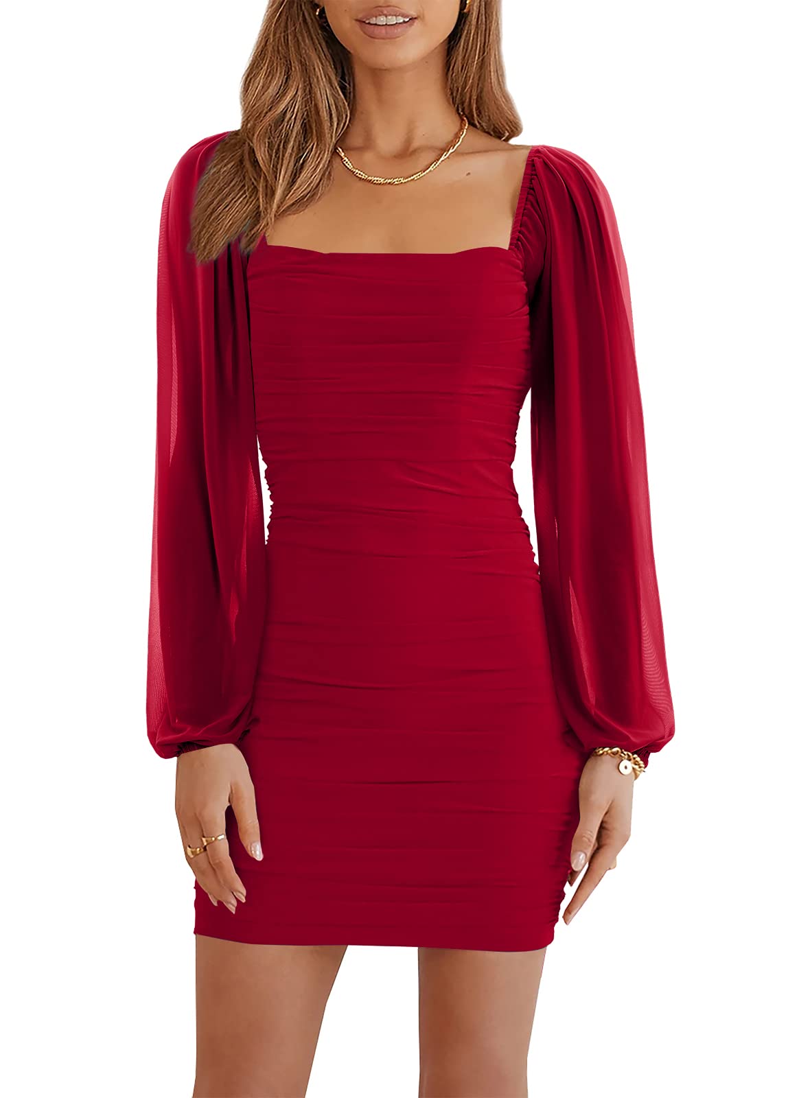 Wenrine Womens Mesh Long Sleeve Square Neck Ruched Party Club Cocktail Bodycon Mini Dress