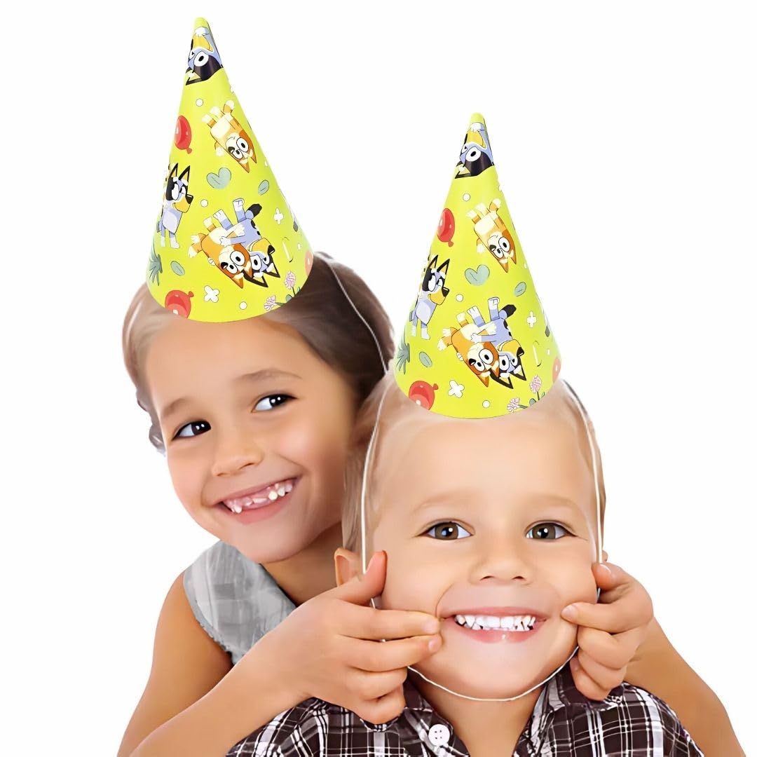Unique Multicolor Bluey Party Hats - 8 Count | Vibrant Paper Hats with Unique Bluey Designs - Perfect for Kids' Birthdays & Celebrations, One Size Fits Most