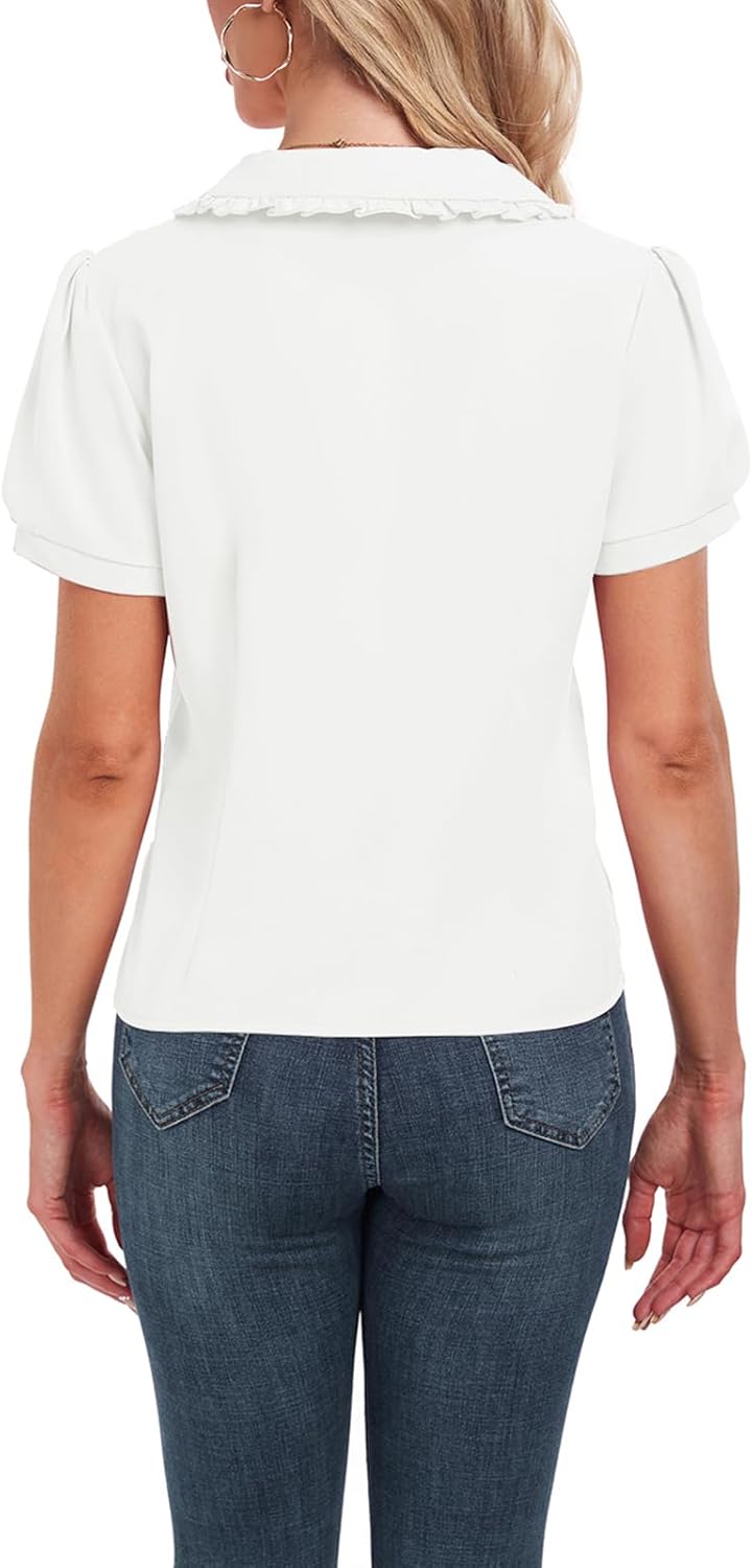 Womens Button Down Shirts Peter Pan Collar Shirt Short Sleeve Summer Blouses Casual Work Vintage Blouse Tops - Image 6