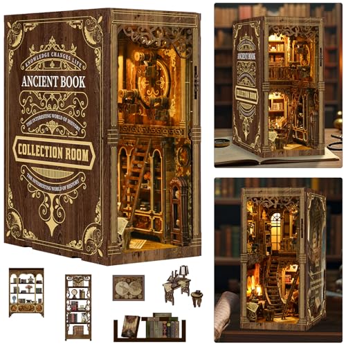 ISSEVE Book Nook Kit, DIY 3D Wooden Puzzle Dollhouse Booknook for Adults, Tiny Miniature House Kit Bookshelf Decor with LED Light and Dust Cover, Gifts for Family and Friends (Book Collection Room)
