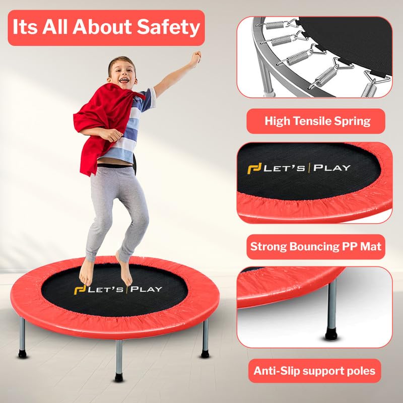 Image of LET'S PLAY Trampoline Jumping Trainer for Kids and Adult, 40 INCH Rebounder Trampoline with Metal Springs and Padding for Indoor and Outdoor (Red)