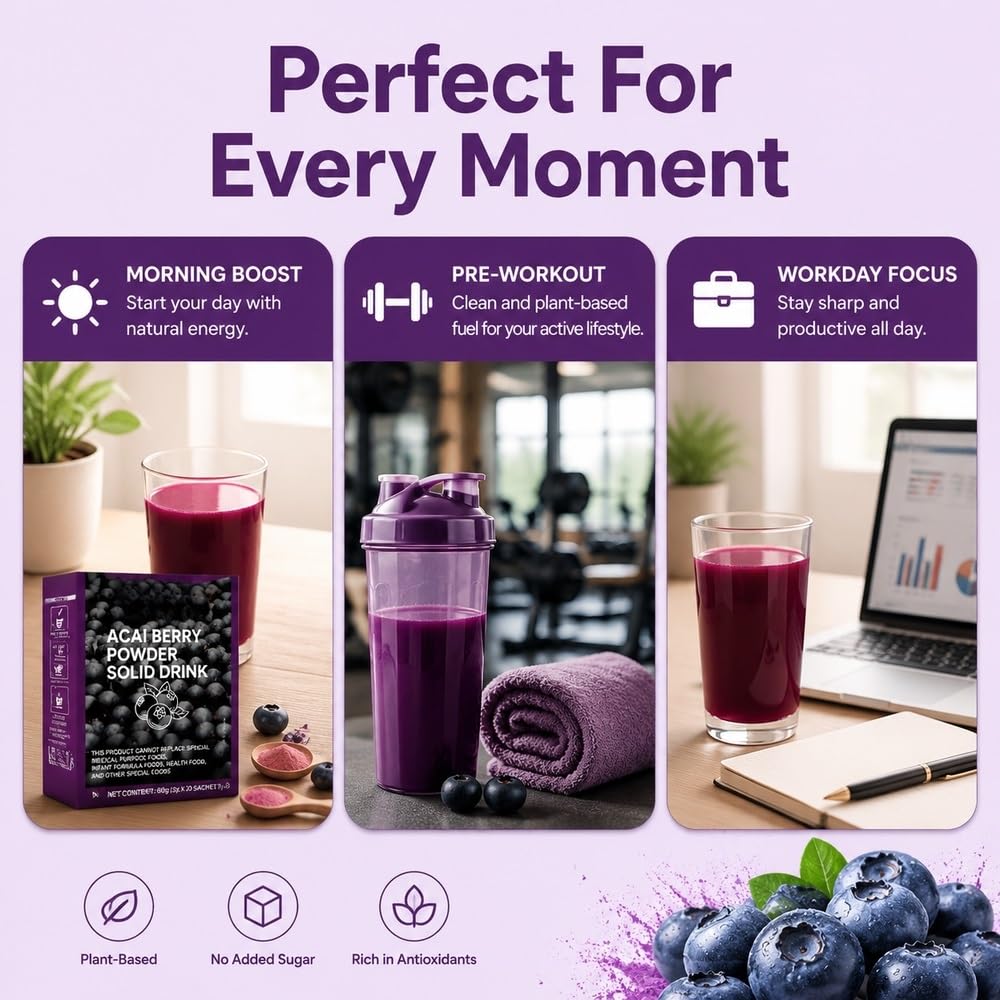 Polvere di bacche di Acai, 20 bustine, 60 g | Acai liofilizzato, senza zuccheri aggiunti, si dissolve facilmente(5boxes)