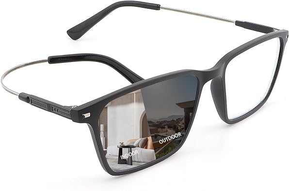 Blue Light Blocking Glasses Photochromic Gray Transition Sunglasses for Men and Women Gaming TV Phone Computer Eyeglasses UV Protection Anti Glare Shade Lightweight Eyewear Full Rim Spectacles