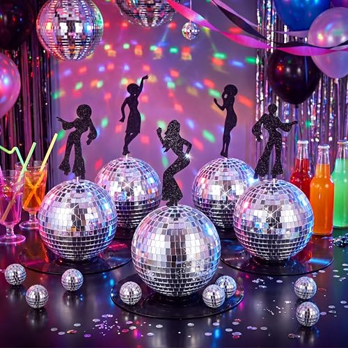 Novabright 4 Sets Large Disco Ball Table Centerpieces 80s 90s Music Party Table Decor with Mirror Disco Ball Vinyl Record Glitter Dancer Toppers for 70s Retro Dance Music Themed Party Decor