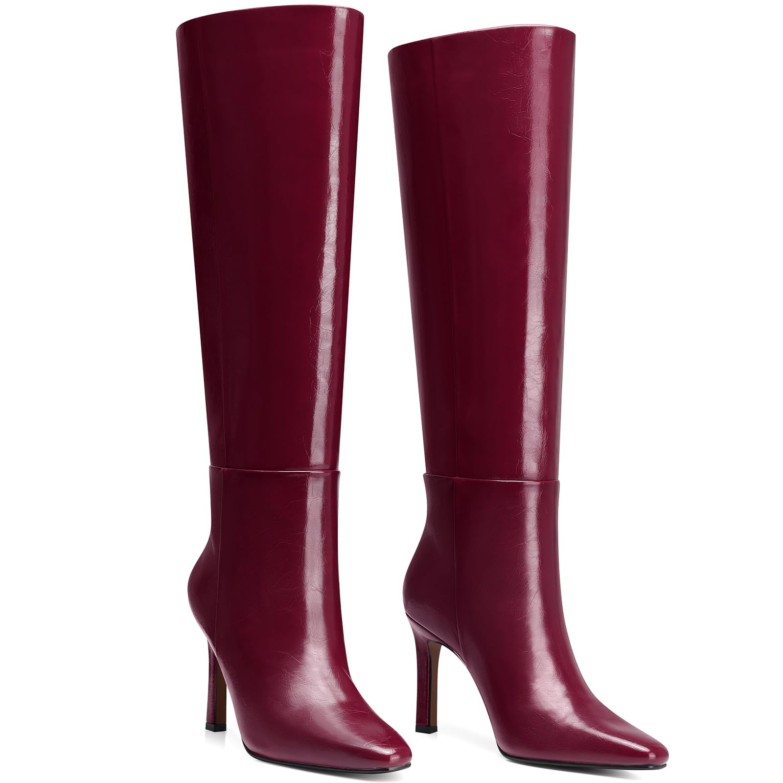 Womens Knee High Boots Dressy Stiletto Heels Boots - Heeled Wide Calf Tall Booties Women - Red Leather