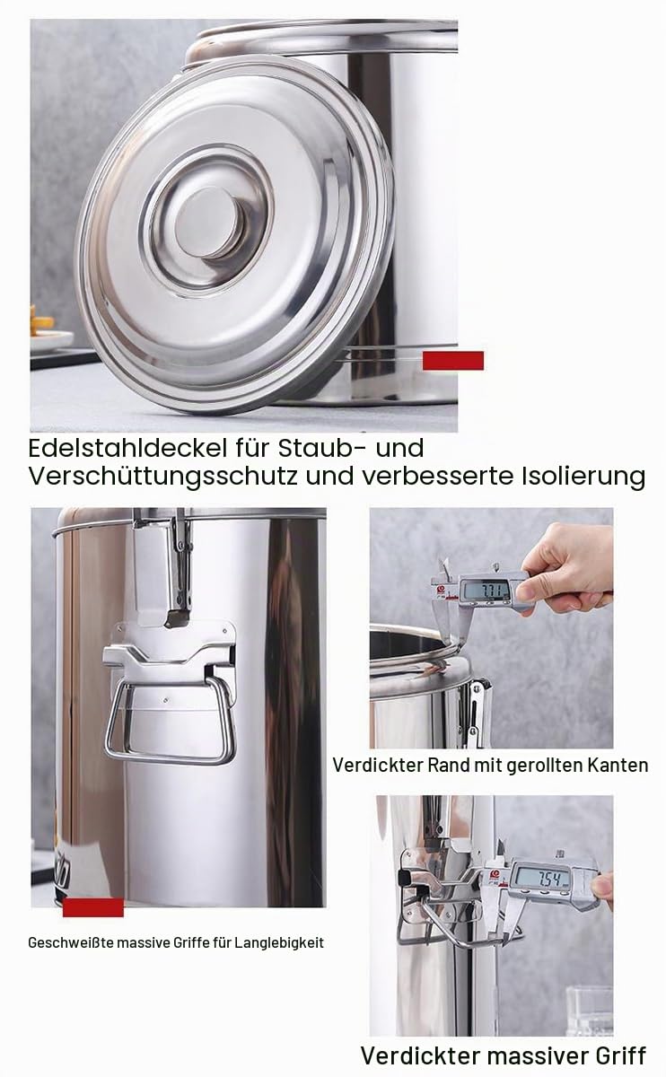 Isolierter Getränkespender aus Edelstahl mit Zapfhahn für heiße und kalte Getränke, ideal für Gastronomie und große Versammlungen