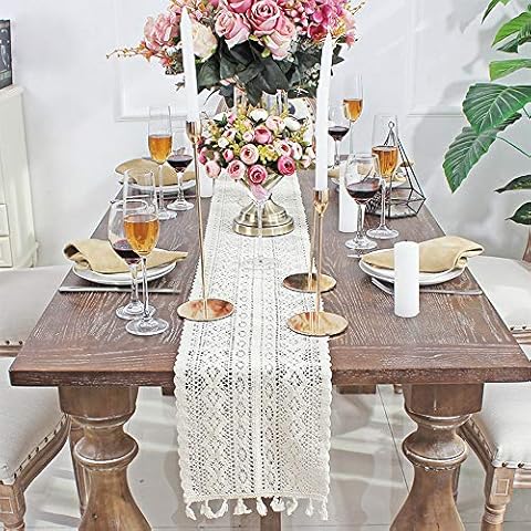 DÉCOCO 9,5"x 71" Beige Makramee Tischläufer rechteckige Häkelspitze Elegante Hohle Mesh Tischdecke für rustikale Boho Hochzeit Dekor Braut & Baby Cover