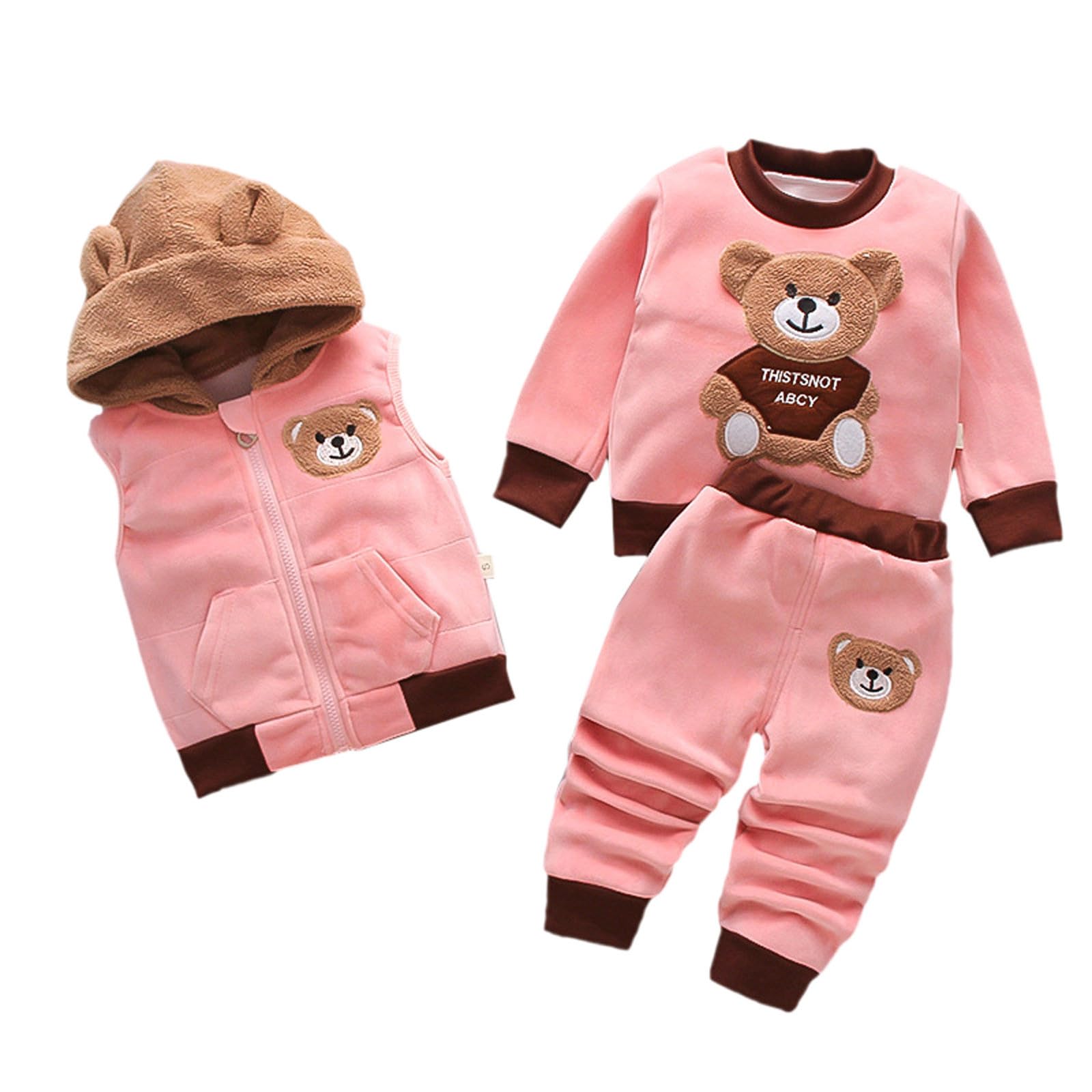 Sportanzug Kinder Jungen, Zwei Teiler Set Jungen Mädchen 3-teiliges Flanell-Set Bären-Print Pullover Sweatshirt Kapuze Reißverschluss Weste Hose Winter-Outfits
