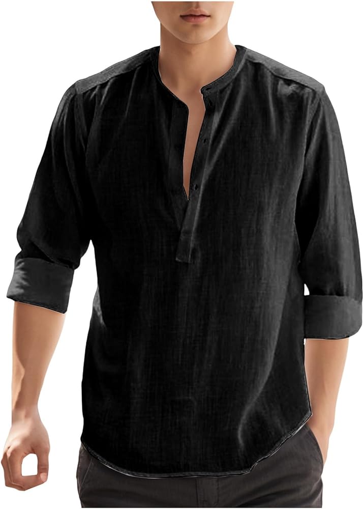 Amazon | [Yindaity] リネンシャツ メンズ ブラック 長袖 綿麻 夏