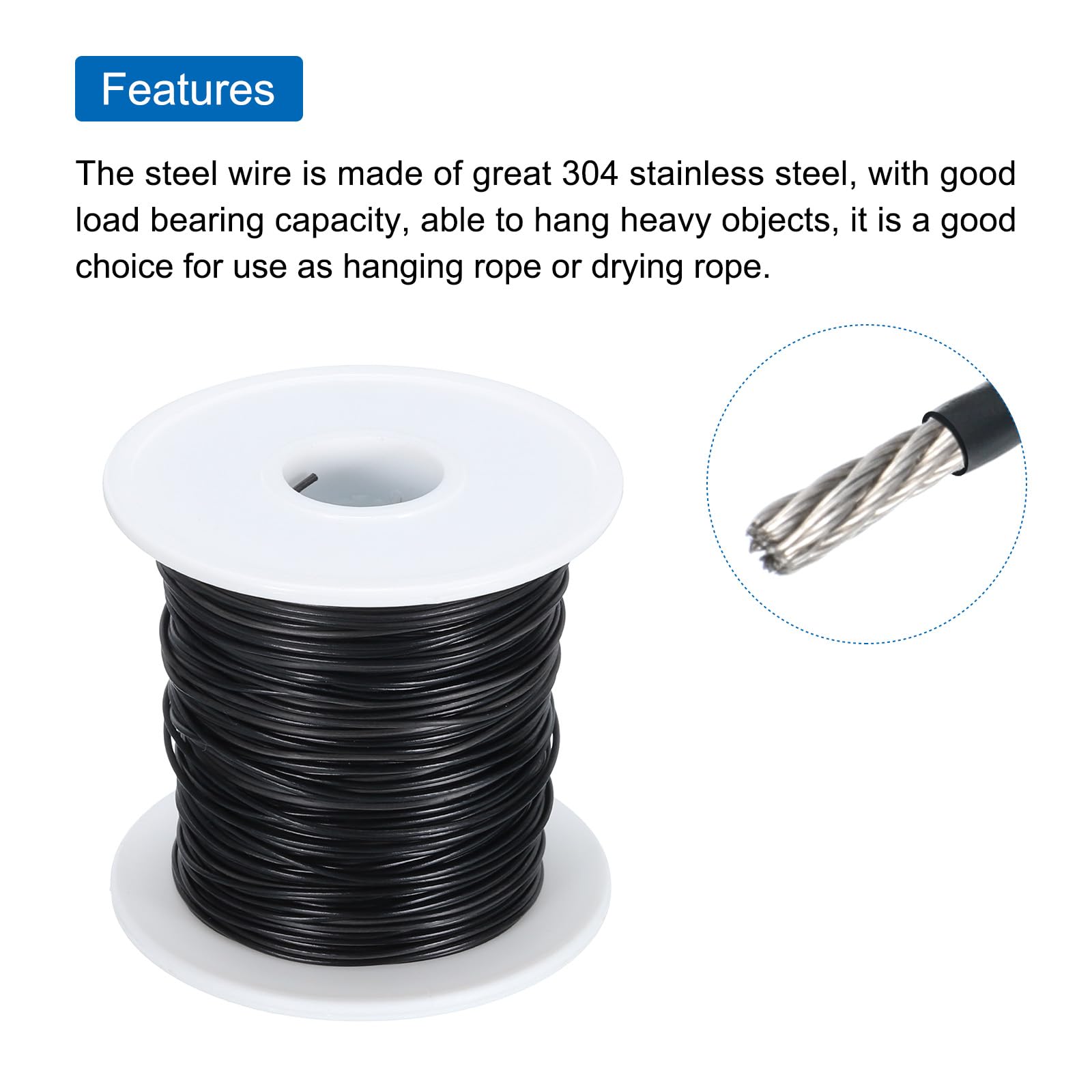 QUARKZMAN 230Ft(70M) drut linowy 304 ze stali nierdzewnej 3/64 "(1 mm) powlekany winylem z 20 szt. aluminiowe uchwyty na wieszaki do podnoszenia czarny
