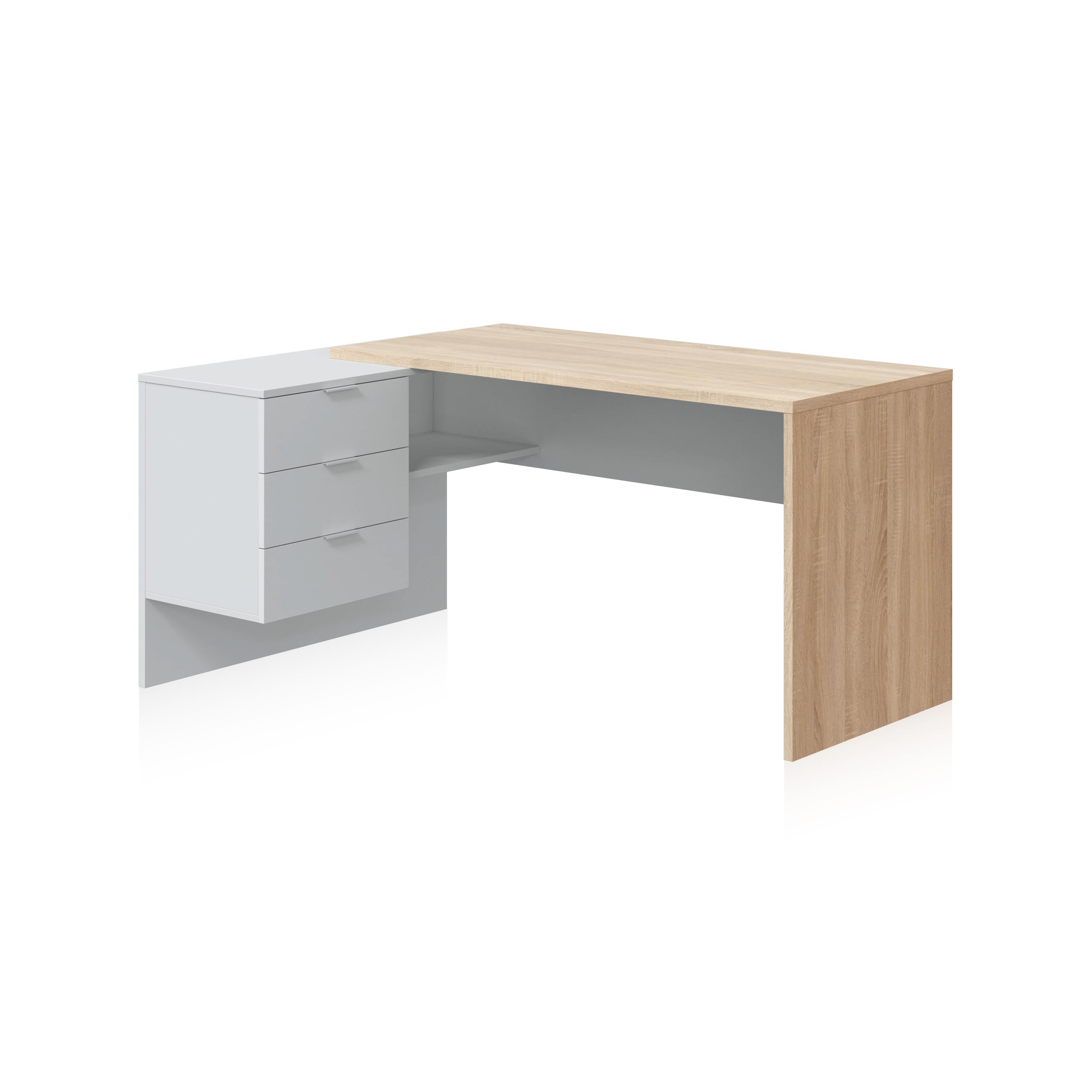 duehome | Escritorio con Cajonera, Mesa de Oficina, Modelo Office Work, Acabado en Blanco Artik y Roble Cananadian, Medidas: 145 cm (Largo) x 102 cm (Fondo) x 73 cm (Alto)