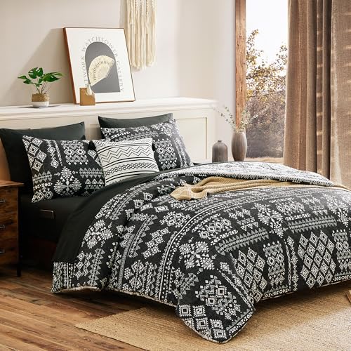 Geniospin Queen Comforter Set - 7 Pieces Reversible Bedding Set, Boho Bed in A Bag, Lightweight Soft Aztec Bedding, All Season Bed Comforter Set with Sheets, Pillowcases & Shams