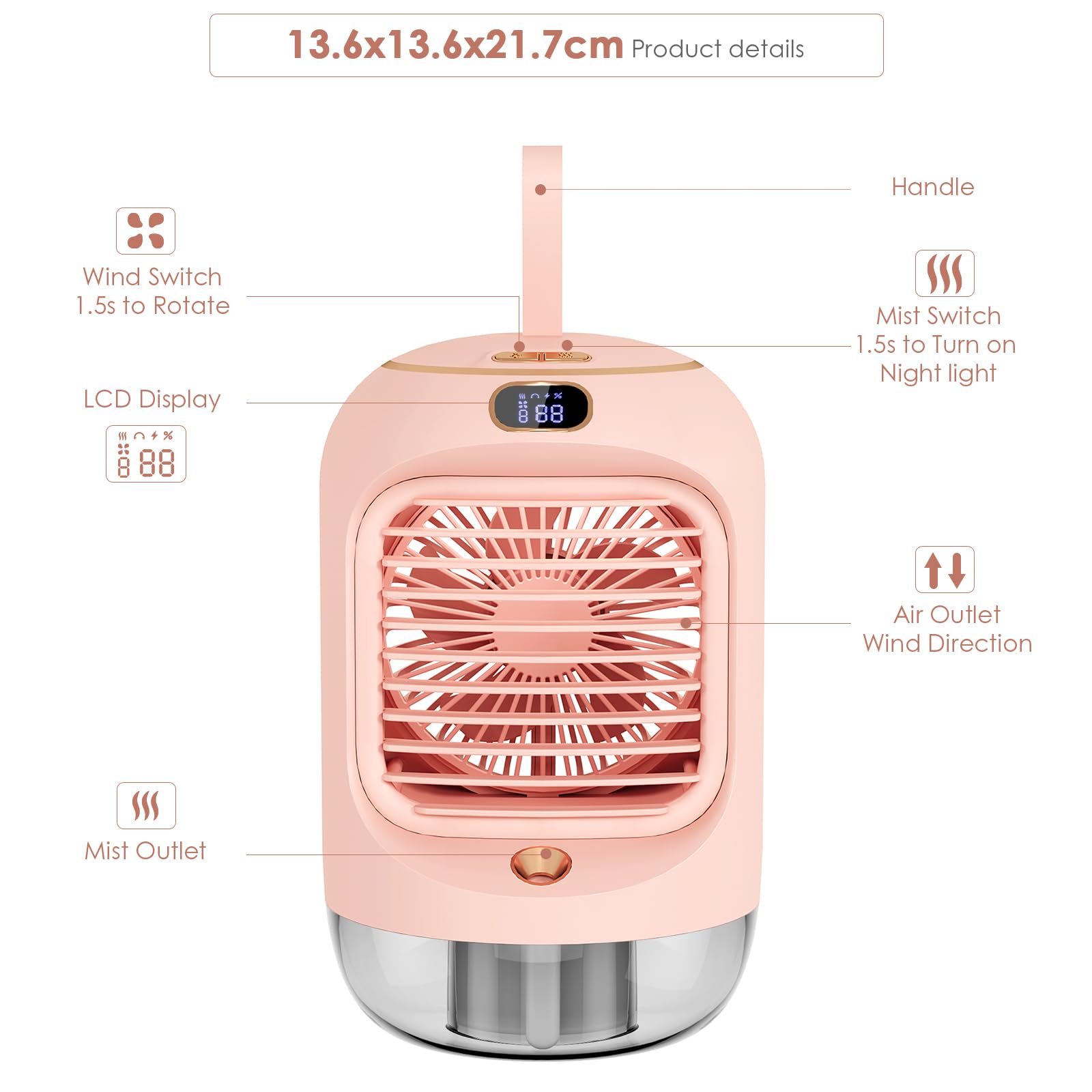 Obrotowy przenośny klimatyzator, mini wielofunkcyjny klimatyzator USB, z 3 prędkościami, lampka nocna, oscylacja 180°, przenośna, osobista chłodziarka powietrza do pokoju, biura (Vine 11)