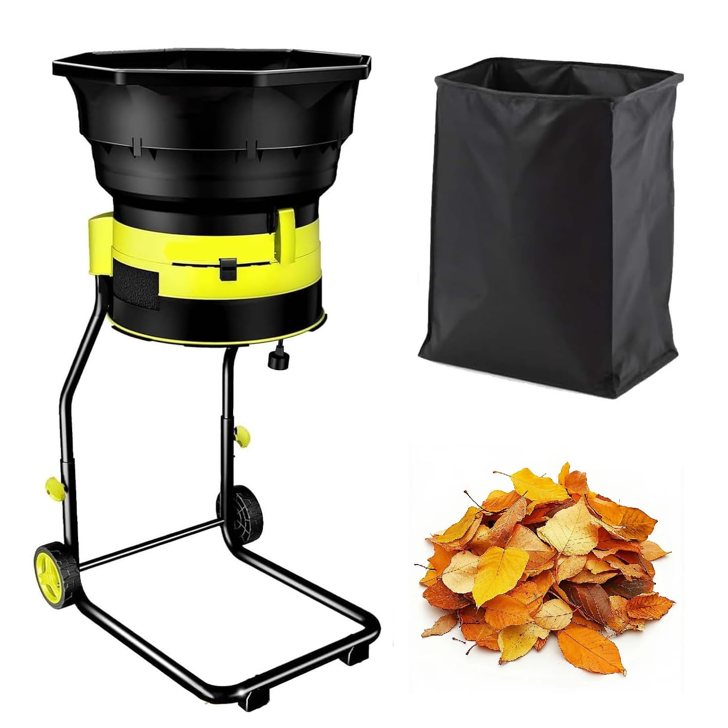 Trituradora eléctrica de hojas de jardín, trituradora de 2500 W para limpieza de patio, 8000 RPM con embudo de 54 cm, tamaño de corte ajustable, incluye rastrillo de hojas y bolsa de almacenamiento