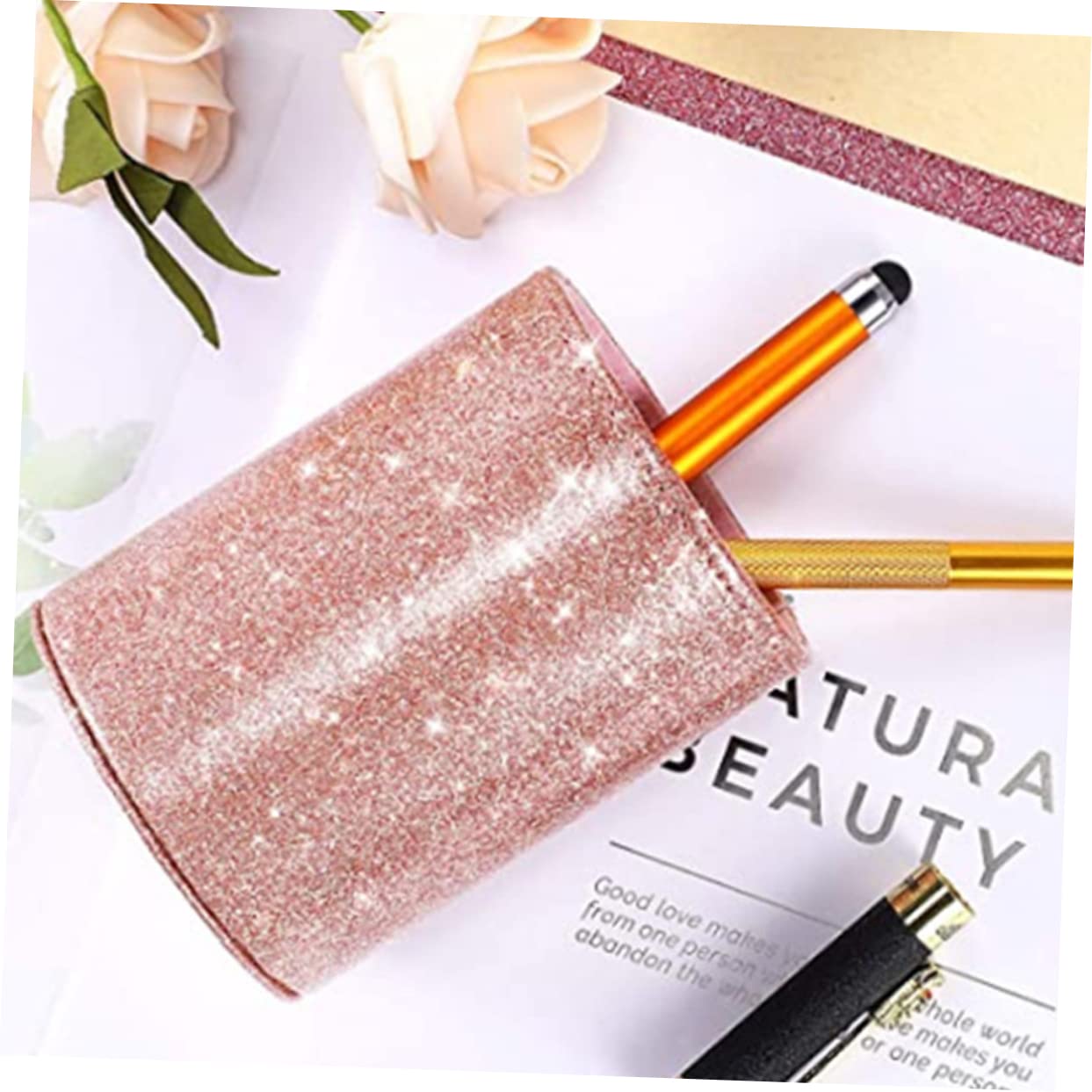 NUOBESTY 4pièces Porte-stylo Pailleté Pu Organisateur De Bureau Maquillage Rangement Pratique Pour Pinceaux Et Fournitures Pour Et Maison