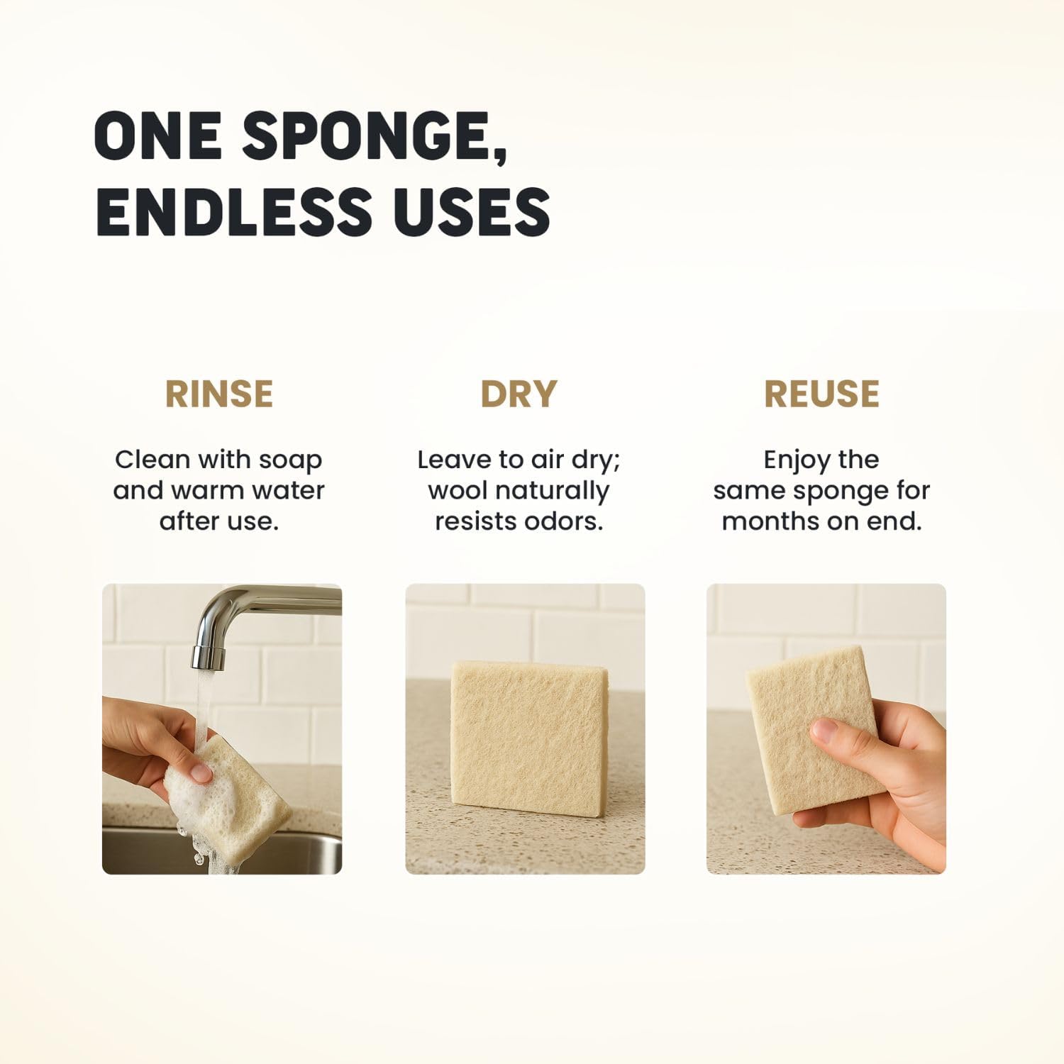 Scalise Family Sheep Farm Wool Dish Sponge 5"x5" – Natural Sponge Dish Non Scratch | Organic Kitchen Sponges for Sink Cleaning | Long Lasting Wool Scrubber for Kitchen image 3