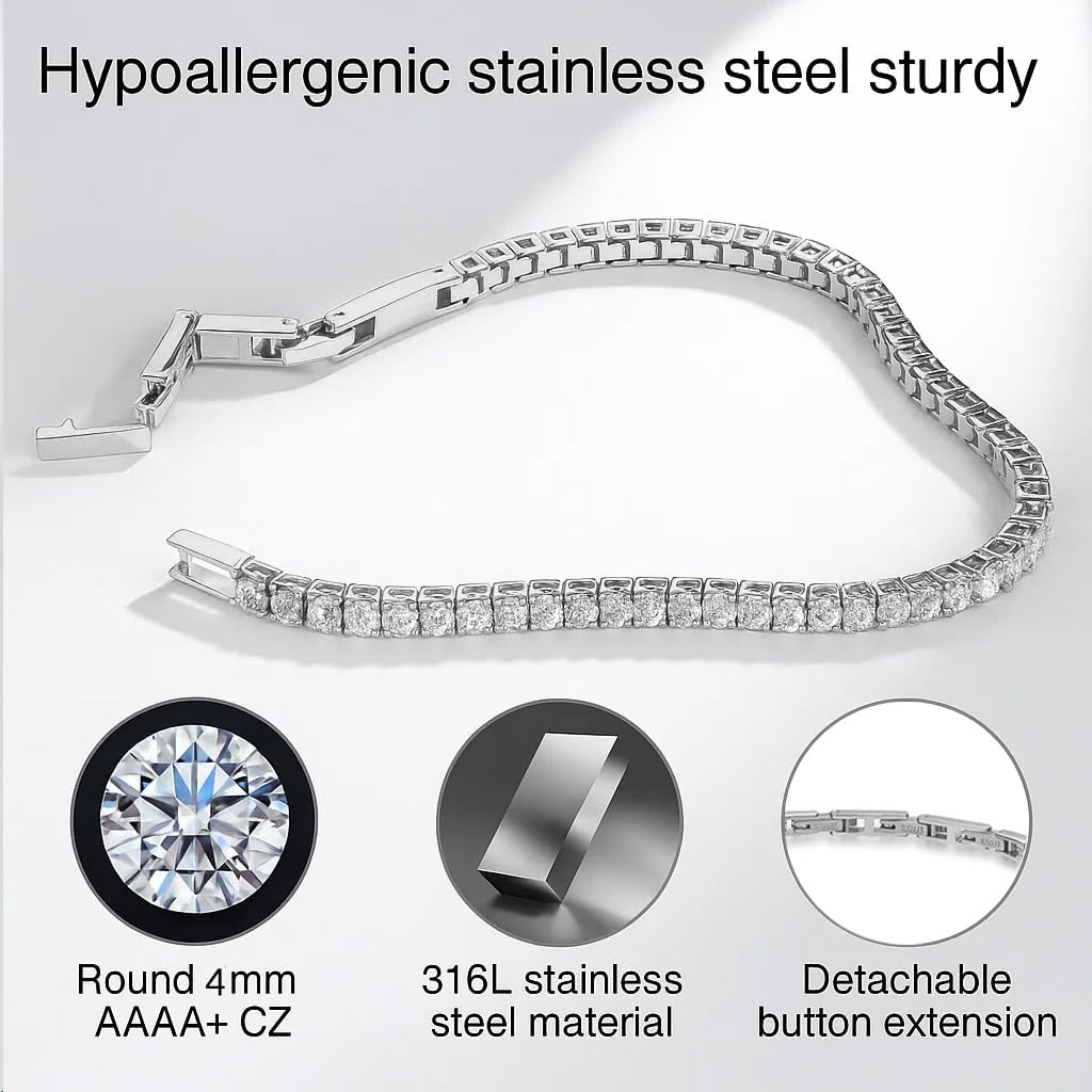 Tennis Bracelet for Women Men, 14K Gold Plated Round 3mm/4mm/5mm AAAA+ Cubic Zirconia CZ Dainty Classic Adjustable Stainless Steel Bracelets Festival Wedding Jewelry Gift - Image 4