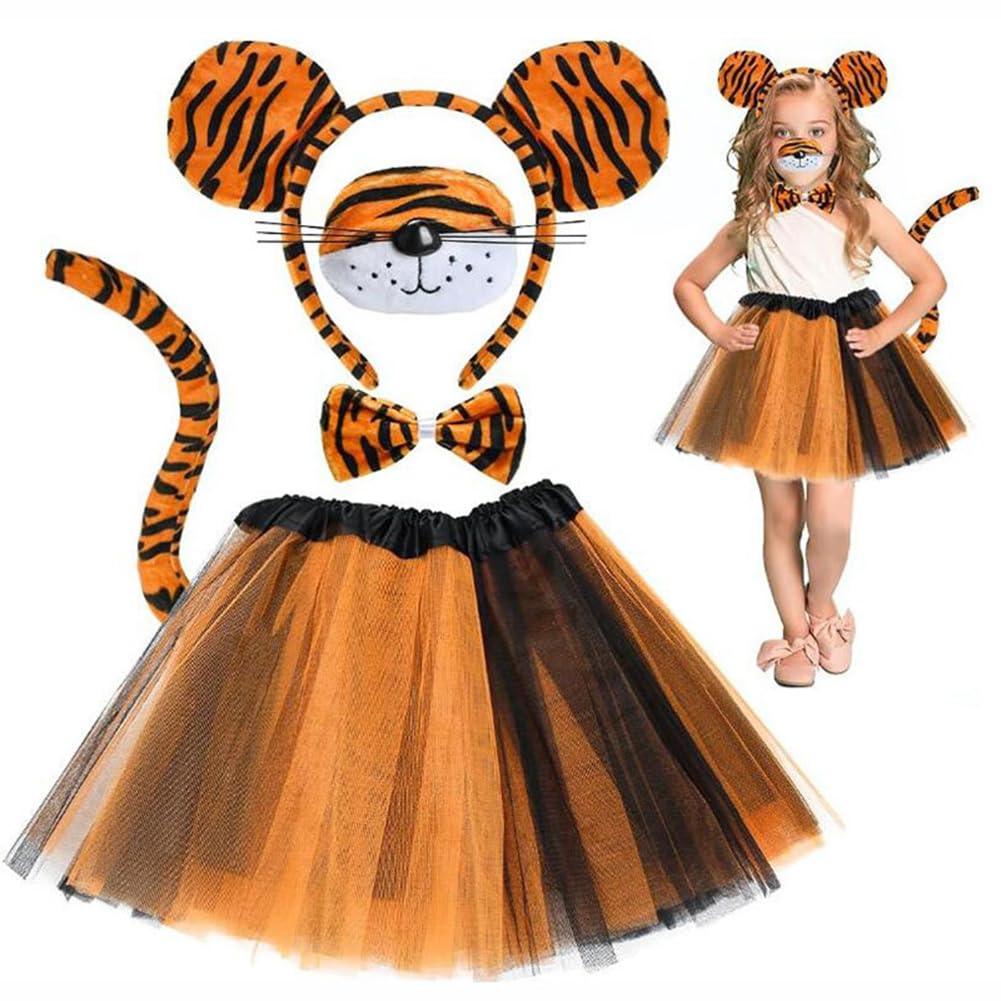 ZPSOSPZ Tiger Costume for Kids - 5-Piece Animal Fancy Dress Set with Ear Headband, Tail, and Hair Hoop for Halloween Cosplay