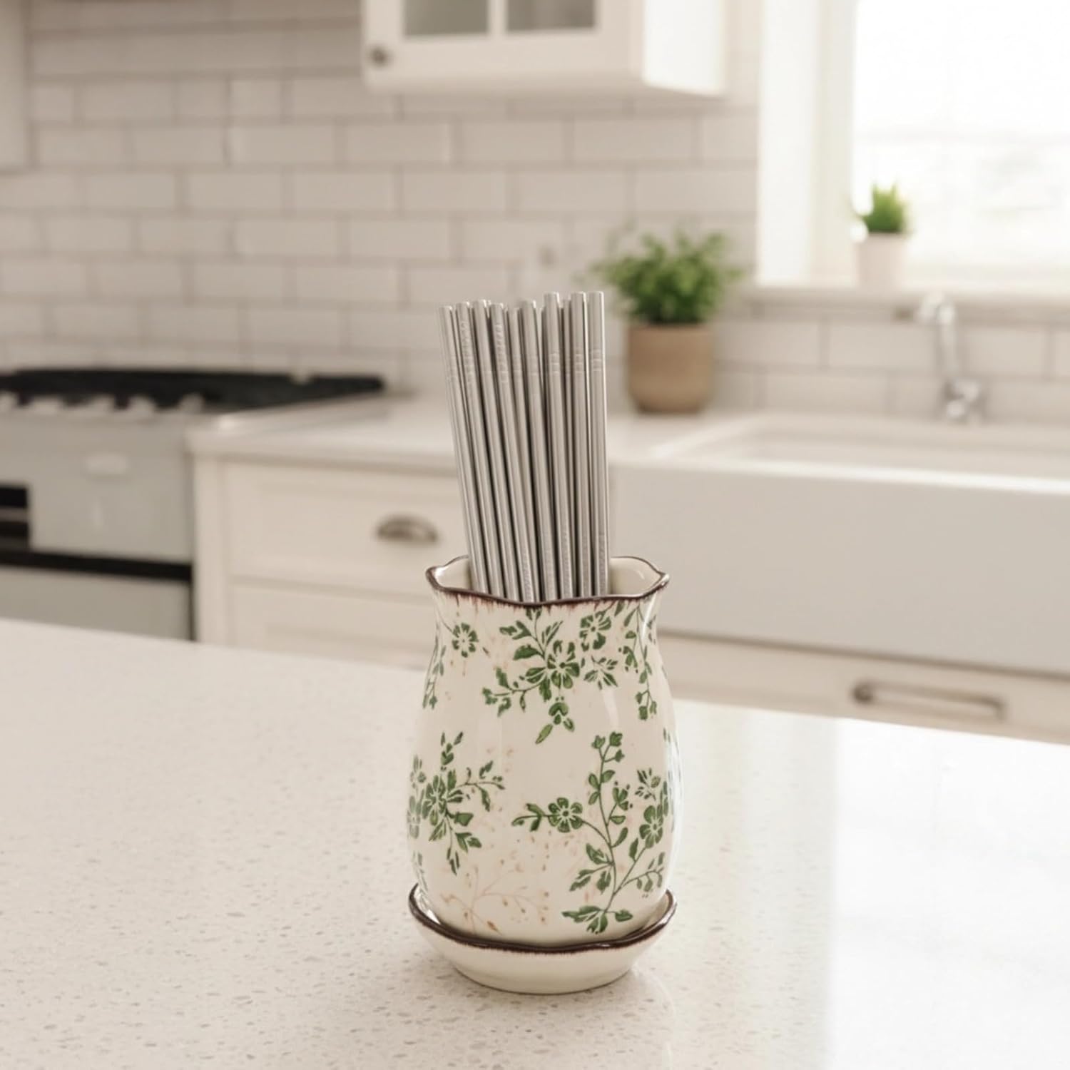 Floral Ceramic Utensil Holder, White and Green Flower Patterns, Vintage Farmhouse Style, Spoon and Chopstick Organizer for Kitchen Counter, Decorative, Functional