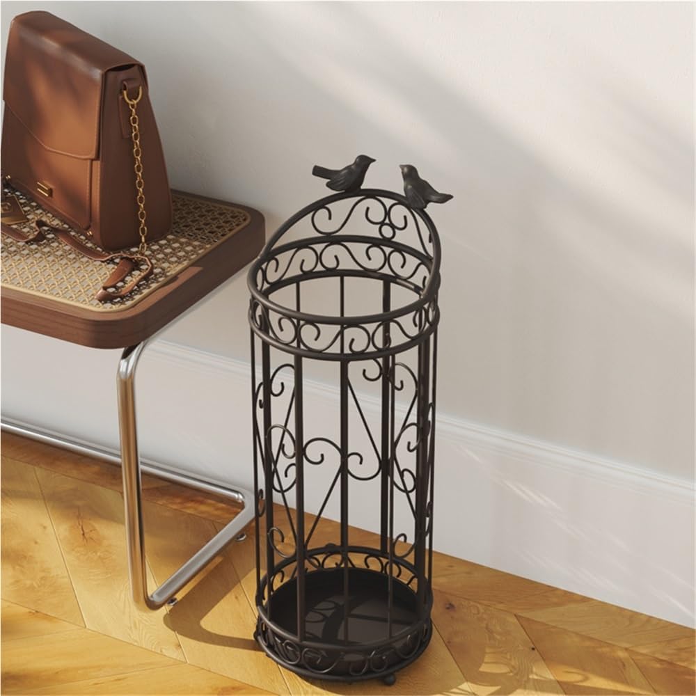 Round Umbrella Stand with Drain Tray, Vintage Metal Umbrella Basket with Hollow Design, Freestanding Umbrella Holder for Entryway, Home, Hallway(Black)