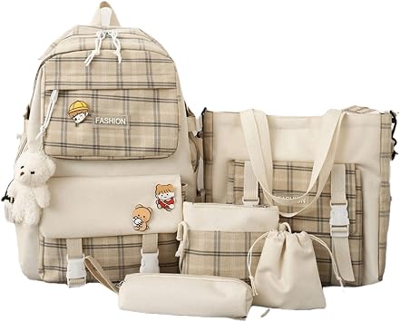 5Pcs Canvas Kawaii Backpack Combo Set with Cute Bear Pendant Pins Plaid Check Handle Shoulder Tote Daypack Bag Kit Khaki