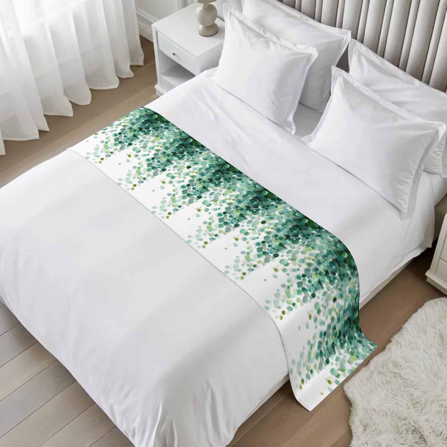 Eucalyptus Leaves Bed Runner Scarf for Queen Size Bed Foot, Decorative Bedding Accessory Stainproof & Dustproof Soft Protector For Bedroom Hotel Wedding Room Spring Green Plants Pastoral Vines 94"x20"