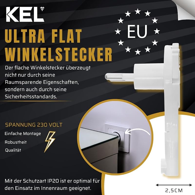 KEL Ultra Lapos Szögelfordító Dugó 5db Fehér 2P 6A Csatlakozó Hosszabbító Javításhoz
