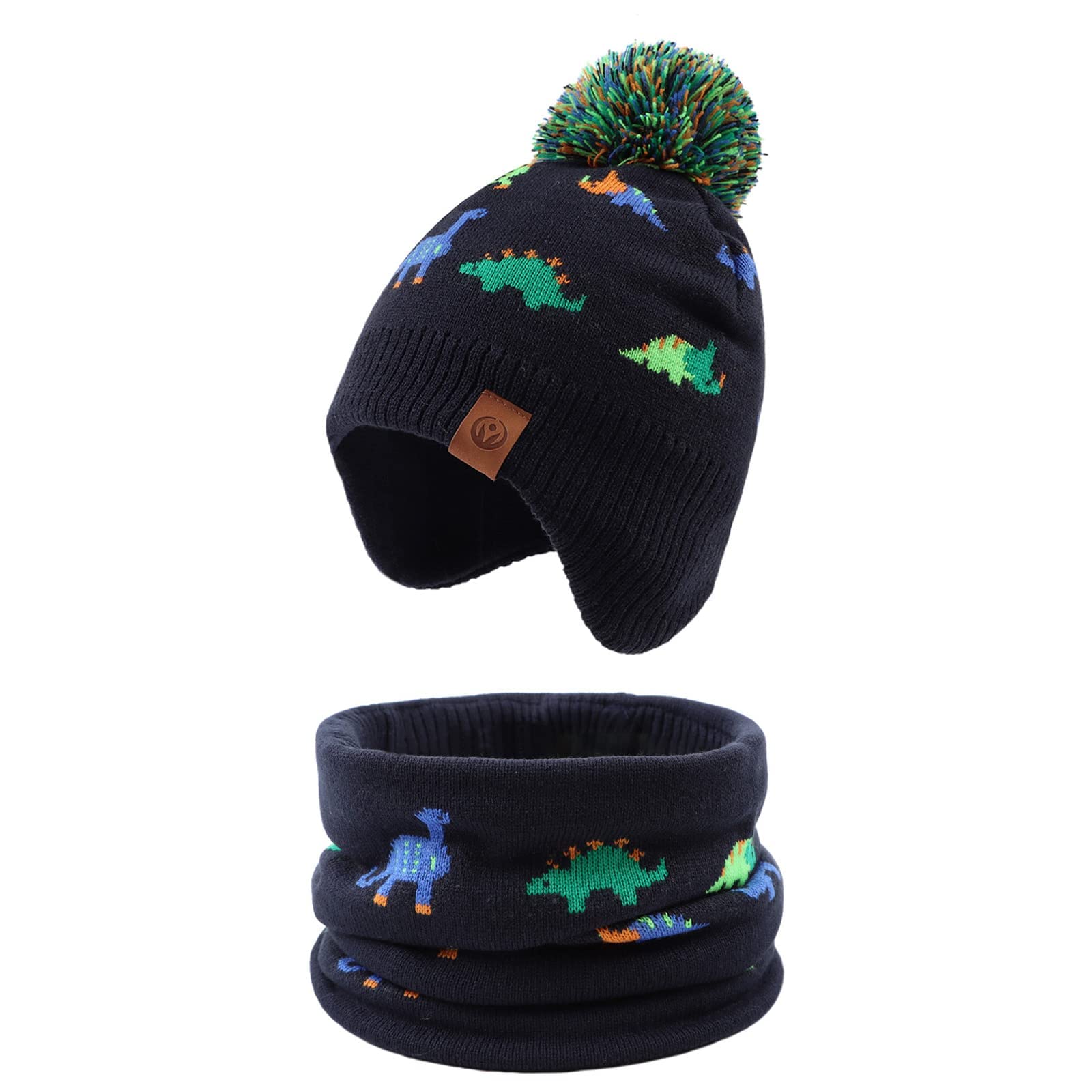 Zsedrut Dinosaur Winter Baby Beanie Hat Glove Set Fleece Lined Kids Boys Hat Knit Pompom Bonnet for Toddler Boys (as1, age, 4_years, 8_years, Colorful Dinosaur, 4-8 Years)