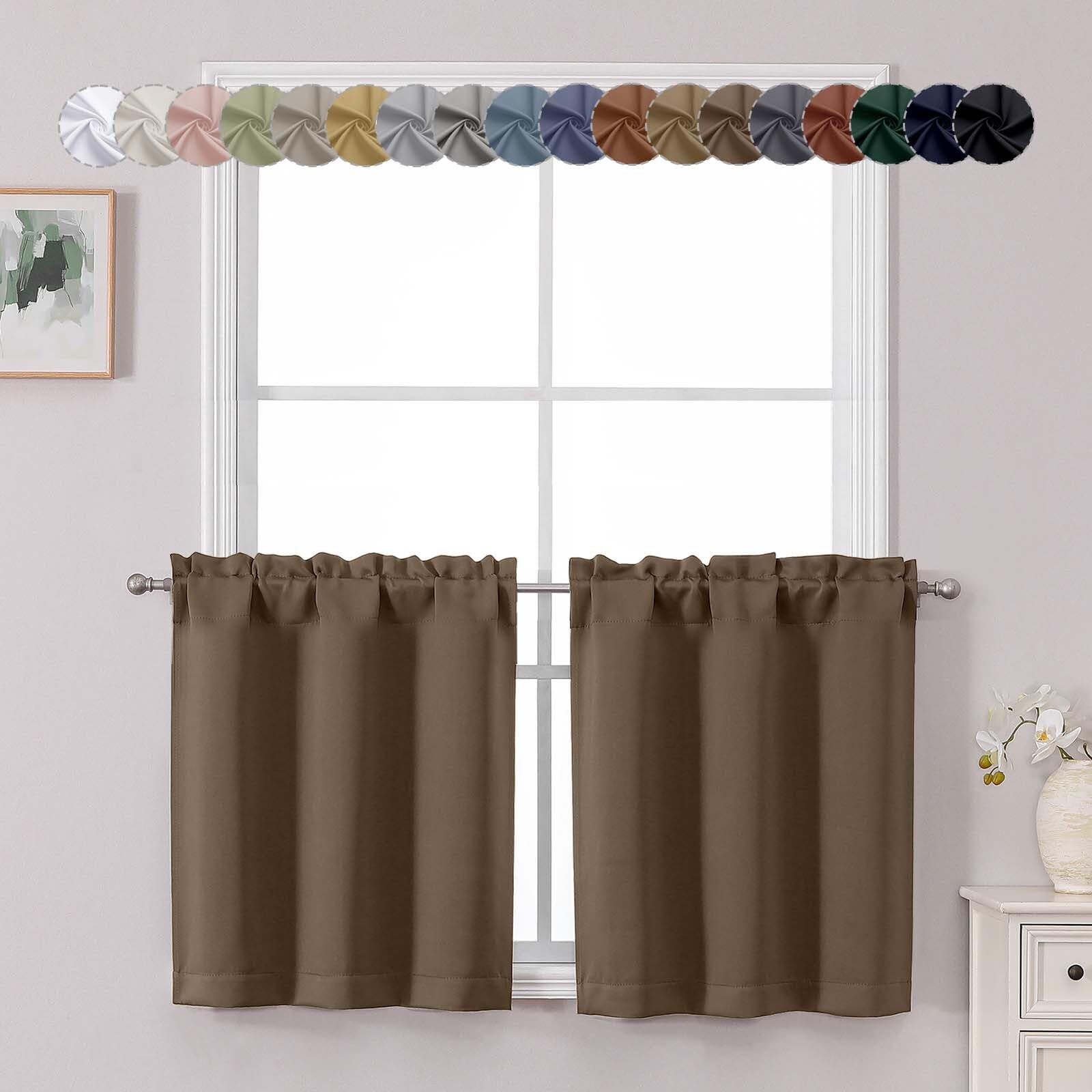 Chyhomenyc Brown Short Blackout Curtains 24 Inch Length, Small Kitchen Curtain Tier Rod Pocket Half Window Curtains for Bathroom Basement Cabinet