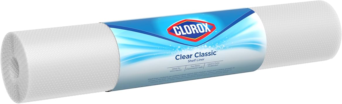 Duck Brand Clorox Clear Classic Easy Liner Shelf Liner, Clear, 18 in x 20 ft, Shelf Liners for Wire Shelving