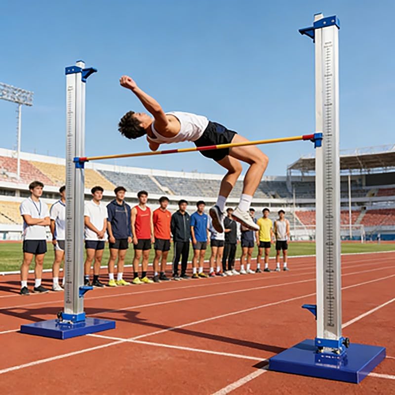High Jump Standards, Portable Aluminum Track and Field High Jump Training Equipment with Adjustable Height 12-91 Inches, Scale Track and Field Sports Meeting Tools, Blue or Red Options