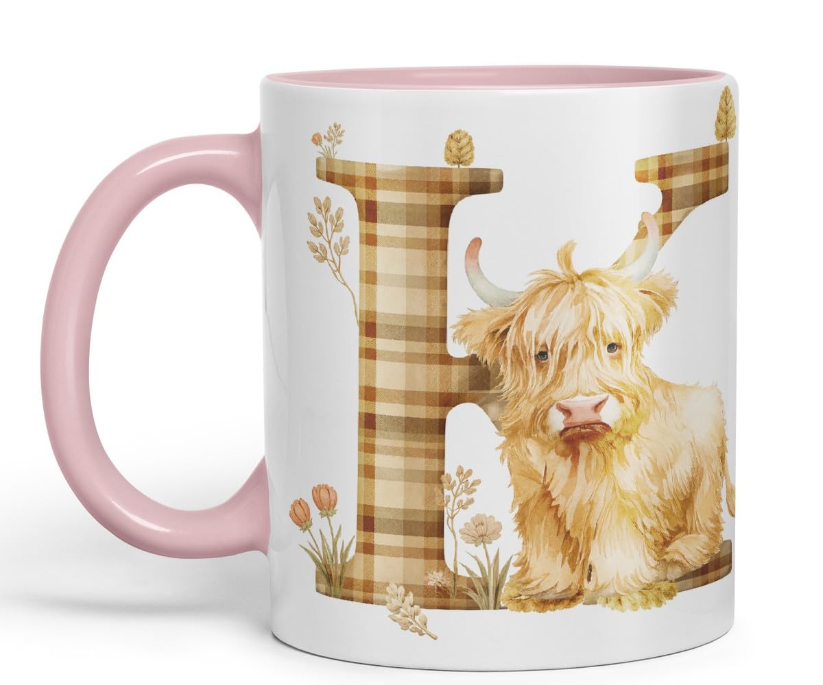 Vixar Highland Cow Alphabet Monogram Coloured Ceramic Cup Mug โ Letter K โ Rustic Farmhouse Animal Letter Gift โ 11oz (Pink)
