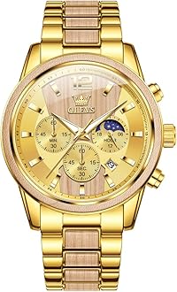 OLEVSMen Watch Blue Gold Analog Quartz Stainless Steel Waterproof Luminous Date Luxury Casual Watch