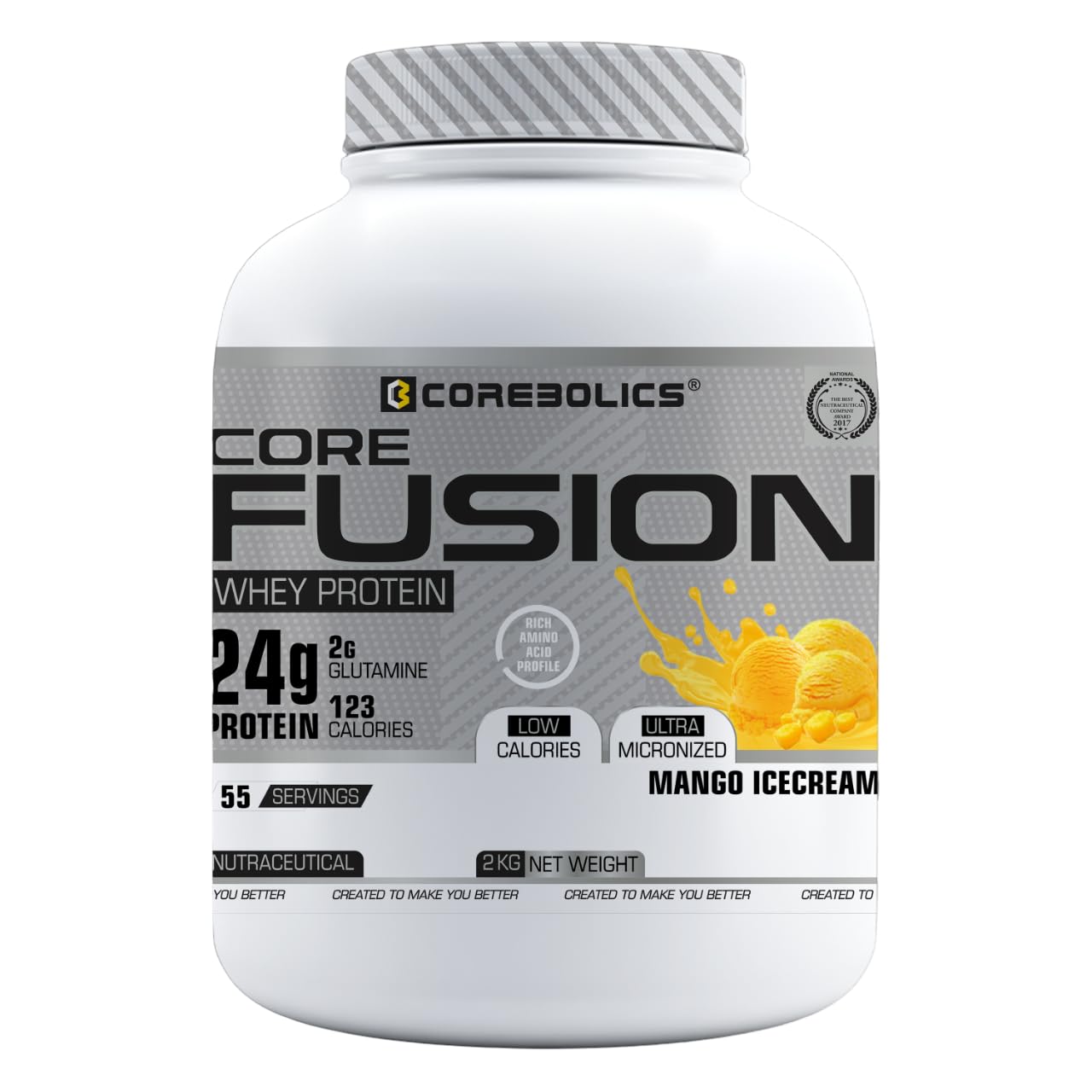 COREBOLICS Core Fusion Whey Protein | 55 Servings | 24gm Protein | 2gm Glutamine | 11.68gm EAA | 5.062gm BCAA | Digestive Enzyme (Mango ice-cream, 2kg)
