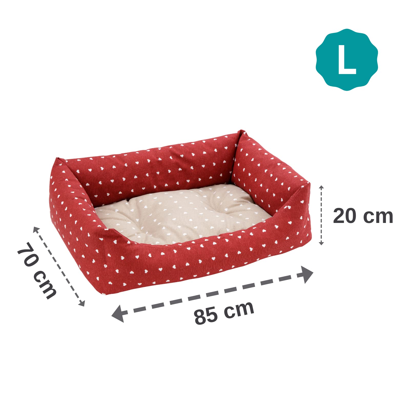Baroni Home Cuccia per Cane in tessuto Rosso e Beige con Cuori Taglia L 70x85 cm, Morbido Divano Rettangolare, Comodo, per Camera da Letto Salotto Corridoio, Lavabile