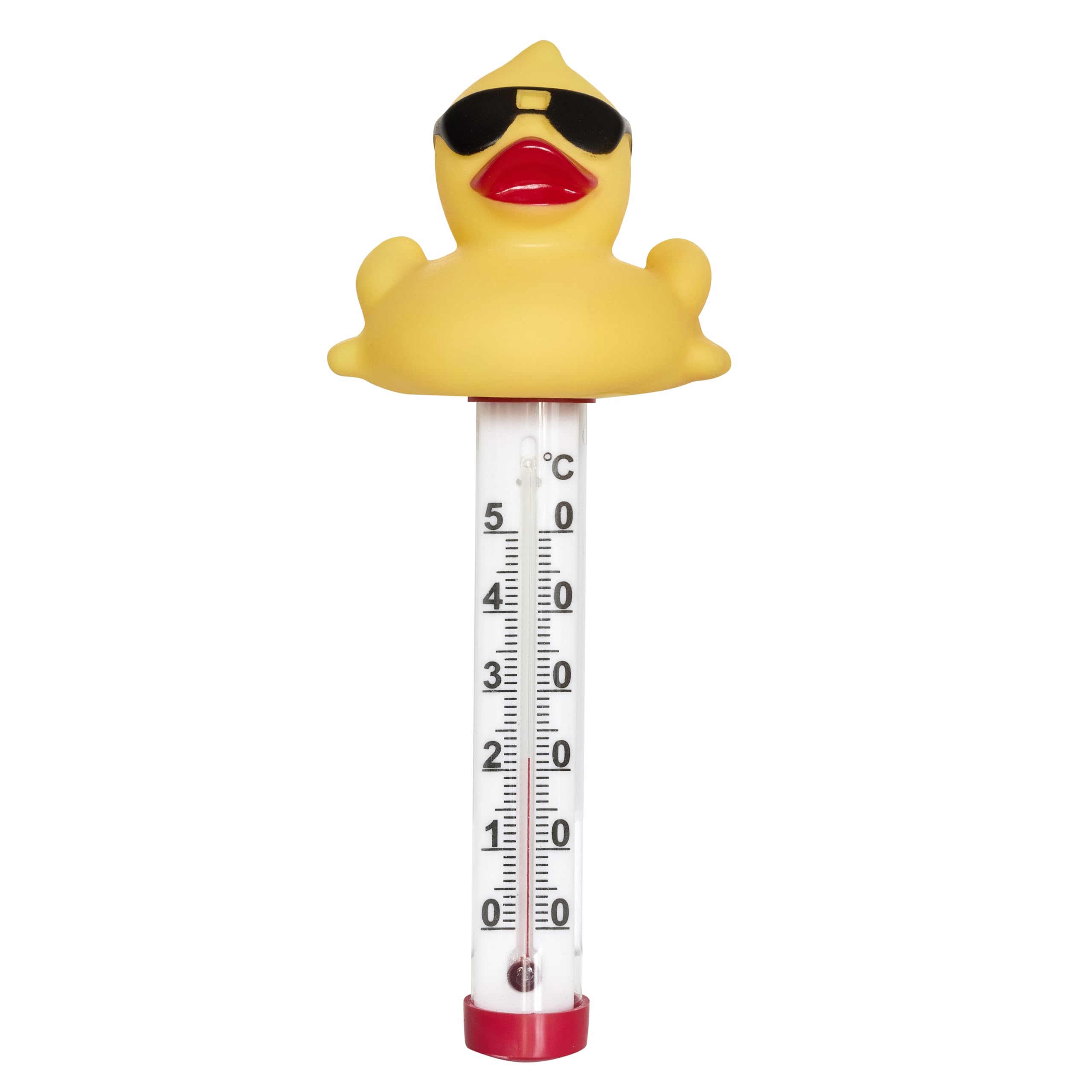 TFA Dostmann Analoges Poolthermometer mit Badeente schwimmend, 40.2006, für Pool, Teich, Whirlpool, Eisbaden, witzig, für Garten, mit Befestigungsleine, Wassertemperatur messen, rot, gelb