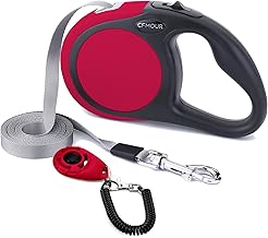 CFMOUR Retractable Dog Lead, 5m/20kg Red Heavy-Duty Extendable Dog Leads for Small to Medium Dogs; Strong Nylon Tape Ribbon Leash, One-Button Brake&Lock, Bonus Training Clicker