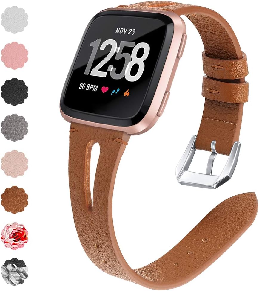 QIBOX Leather Bands Compatible with Fitbit Versa / Versa 2, Slim Vintage Leather Band Replacement Strap Women Man Wristband Accessories Compatible with Fitbit Versa 2 Smartwatch