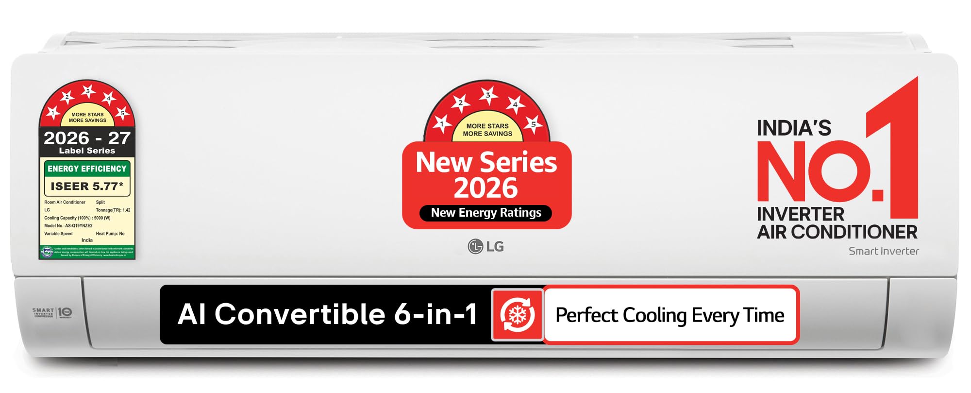 LG 1.42 Ton 5 Star, 5000 W Cooling Capacity, Smart Inverter Split AC (Copper, AI Convertible 6in1, Faster Cooling & Energy Saving, 4 Way Swing, HD Filter with Allergen Protection, AS-Q19YNZE2, White)