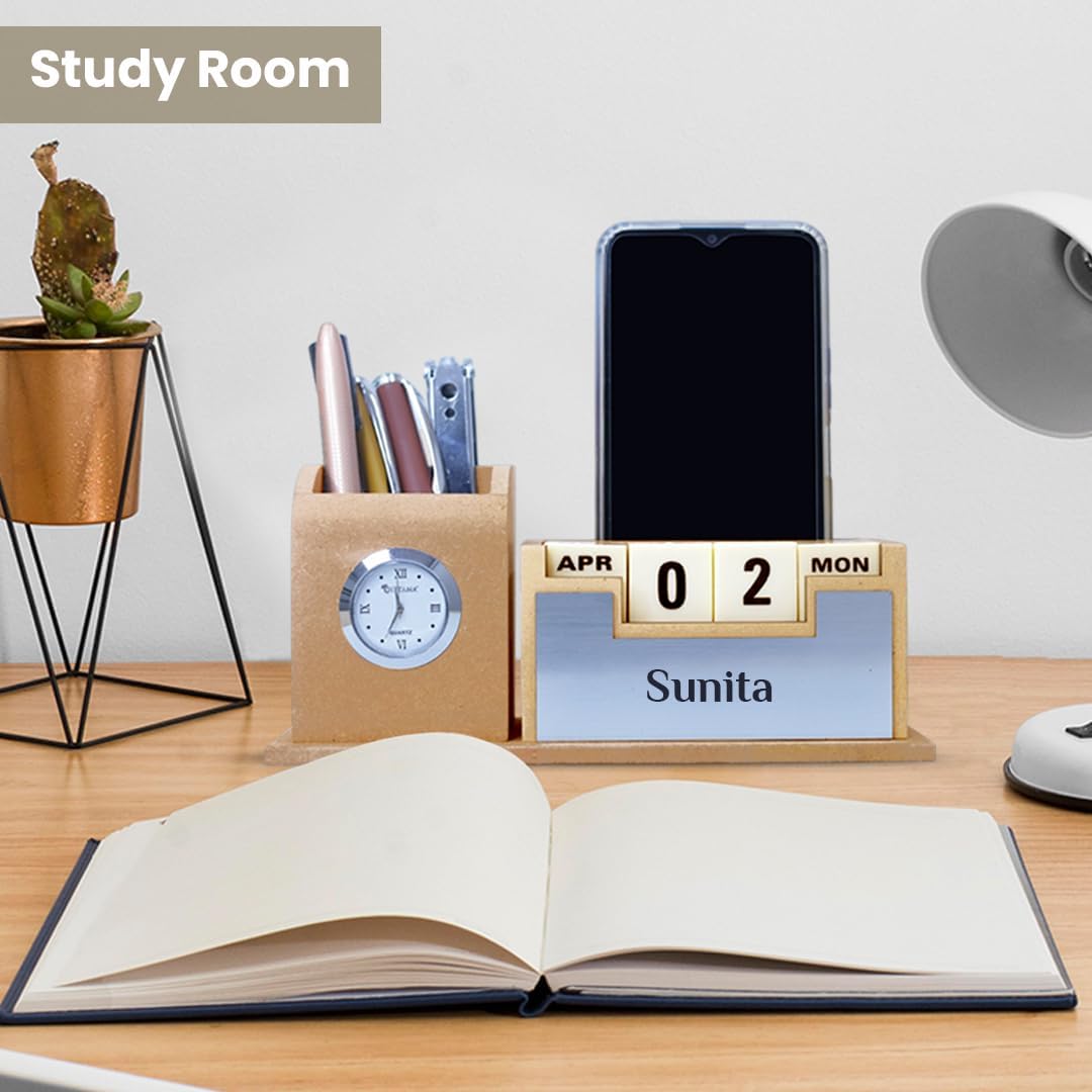 Giftana Personalized Pen Stand with Name,Table Watch,Table Calendar, Customized Desk Organizer for Doctors, Wooden Office Desk & Study New Year Corporate Gift for Employee (Beige, Silver) 2