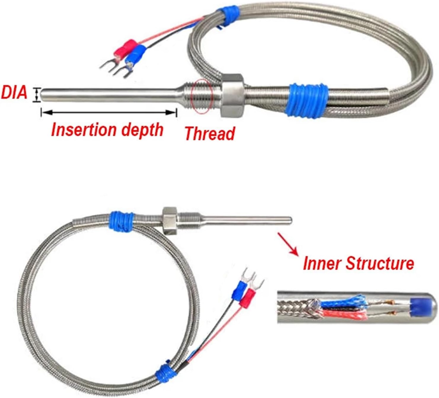 G1/8 Thread K Type Thermocouple Temperature Measuring Line 1-3.0M 5x30mm 5x50mm 1Pcs(Probe 5x30mm 1M)