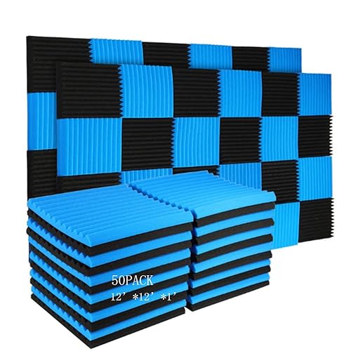 Burdurry 50 Pack Acoustic Panels Soundproof Studio Foam for Walls Sound Absorbing Panels Sound Insulation Panels Wedge for Home Studio Ceiling, 1" X 12" X 12" (Black&Blue)