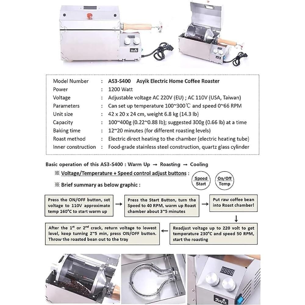 Tostatrice elettrica per caffè con termometro, tostatrice per caffè da 1200 W per uso domestico, tamburo in vetro al quarzo, temperatura e velocità regolabili, per tostare caffè, chicchi verdi, arac