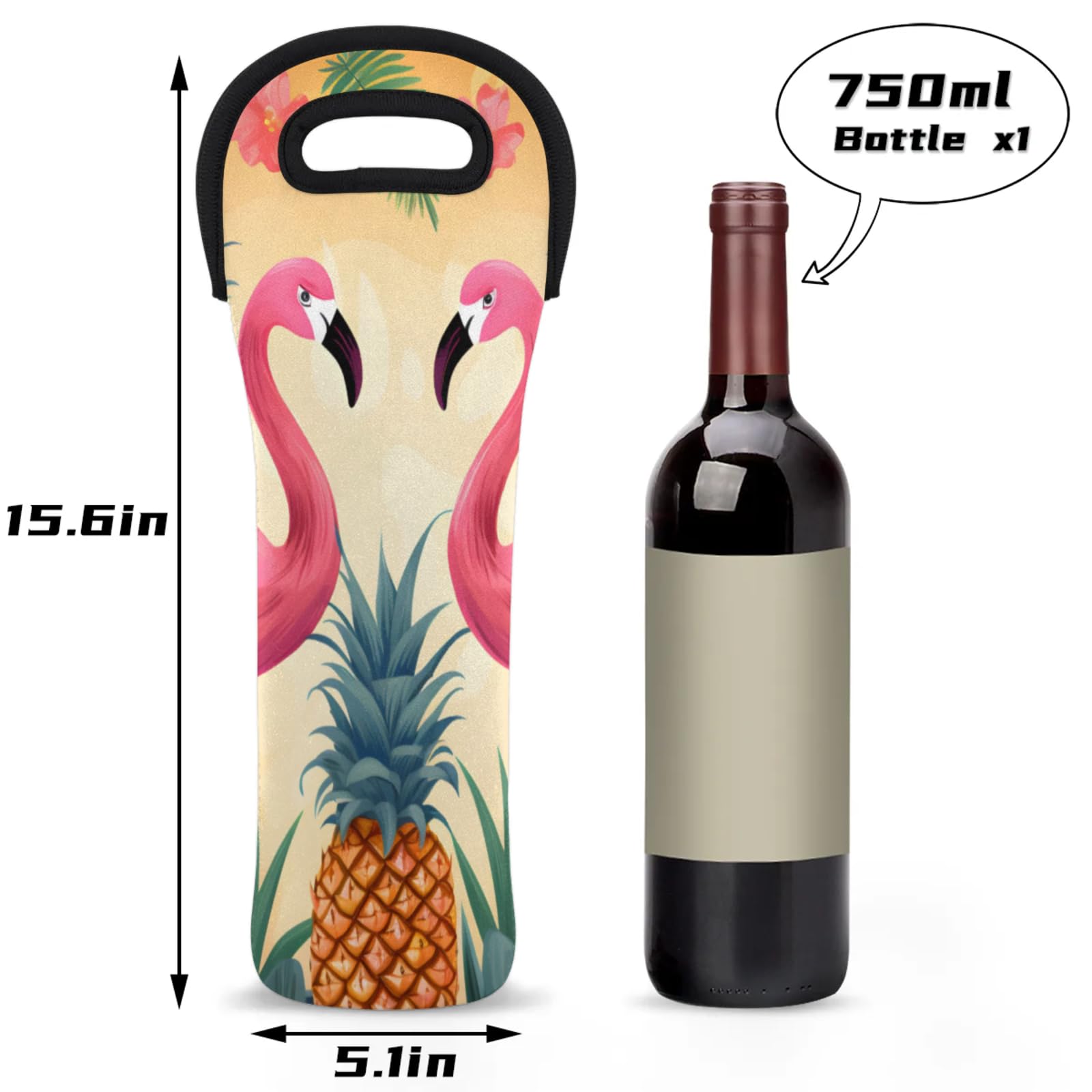 Neoprene Wine Tote Carrier Bag for Wine,Water, Champagne, Beer, Baby Bottles 15.6 x 5.1 Inches, Protective Wine Bag,Birds Flamingo