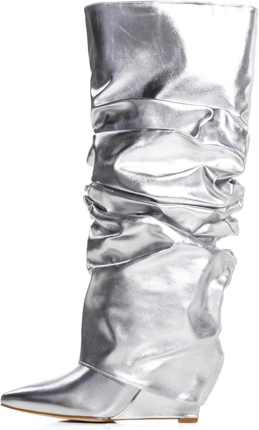 Yishaweiqi Slouched Ruched Fold Over Boots for Women Covered Wedge Heel Patent Leather Knee High Boots Wide Calf Pointed Toe Casual Boots