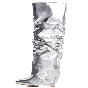 Yishaweiqi Slouched Ruched Fold Over Boots for Women Covered Wedge Heel Patent Leather Knee High Boots Wide Calf