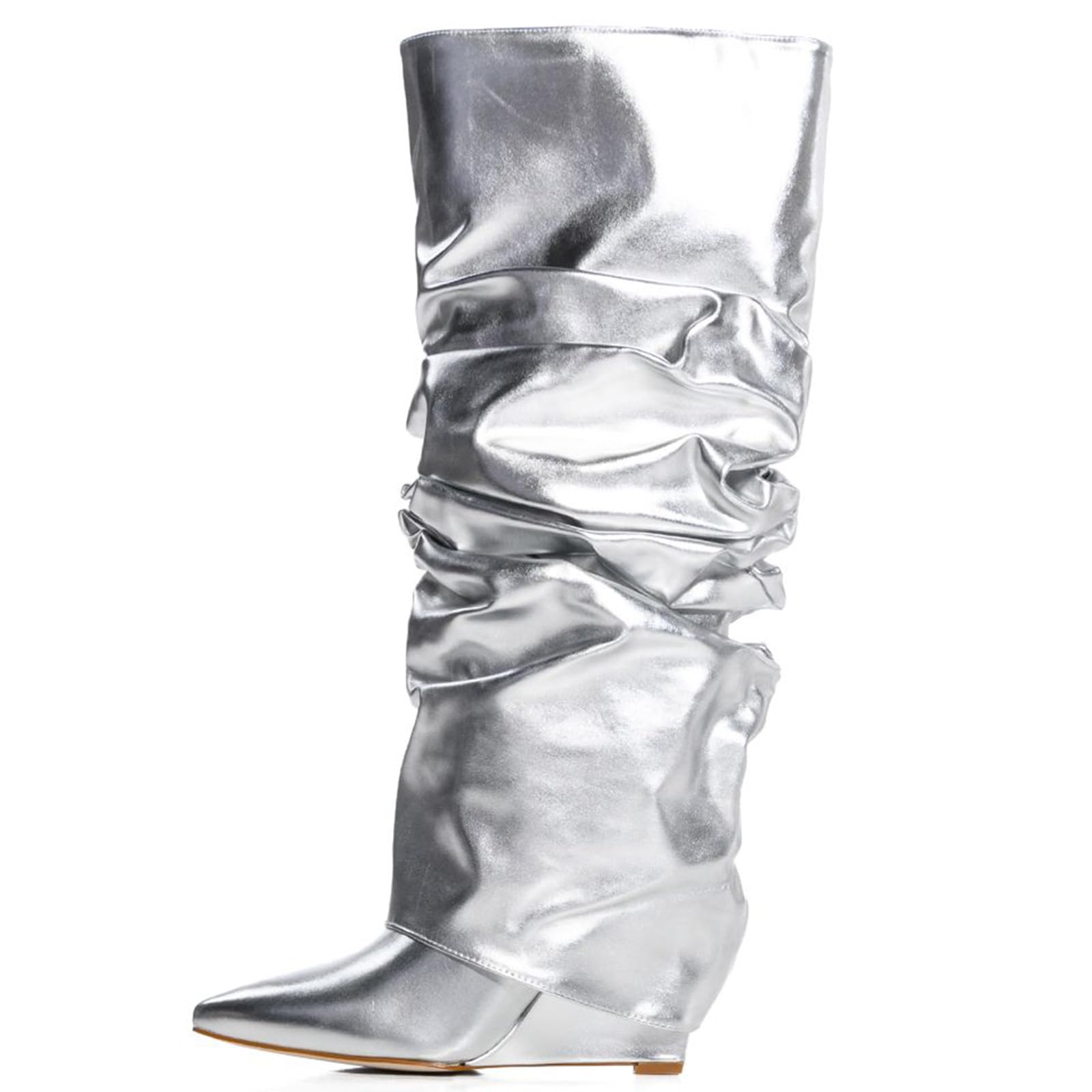 Yishaweiqi Slouched Ruched Fold Over Boots for Women Covered Wedge Heel Patent Leather Knee High Boots Wide Calf