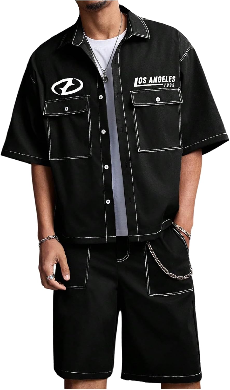 GORGLITTER Men's Baggy Track Suits Stitch Shirt Cargo Shorts Streetwear Set