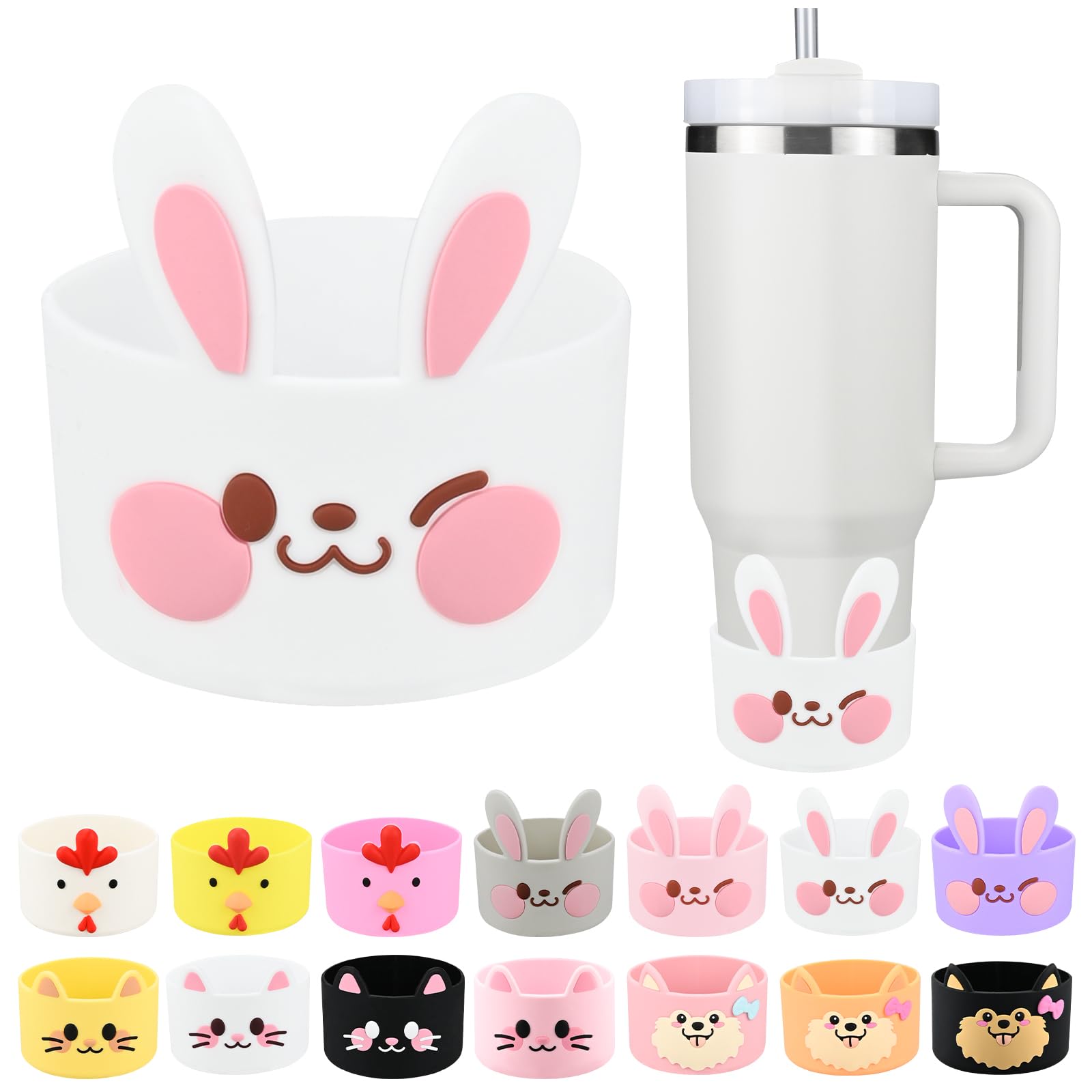 Cute Animal Silicone Boot for Stanley 40 oz Tumbler, Stanley Cup Bottom Protector Cover, Stanley Cup Boot 30 oz, Stanley Cup Accessories (Rabbit-White)-image-34